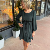 Round Neck Long Sleeve Grid Mini Dress