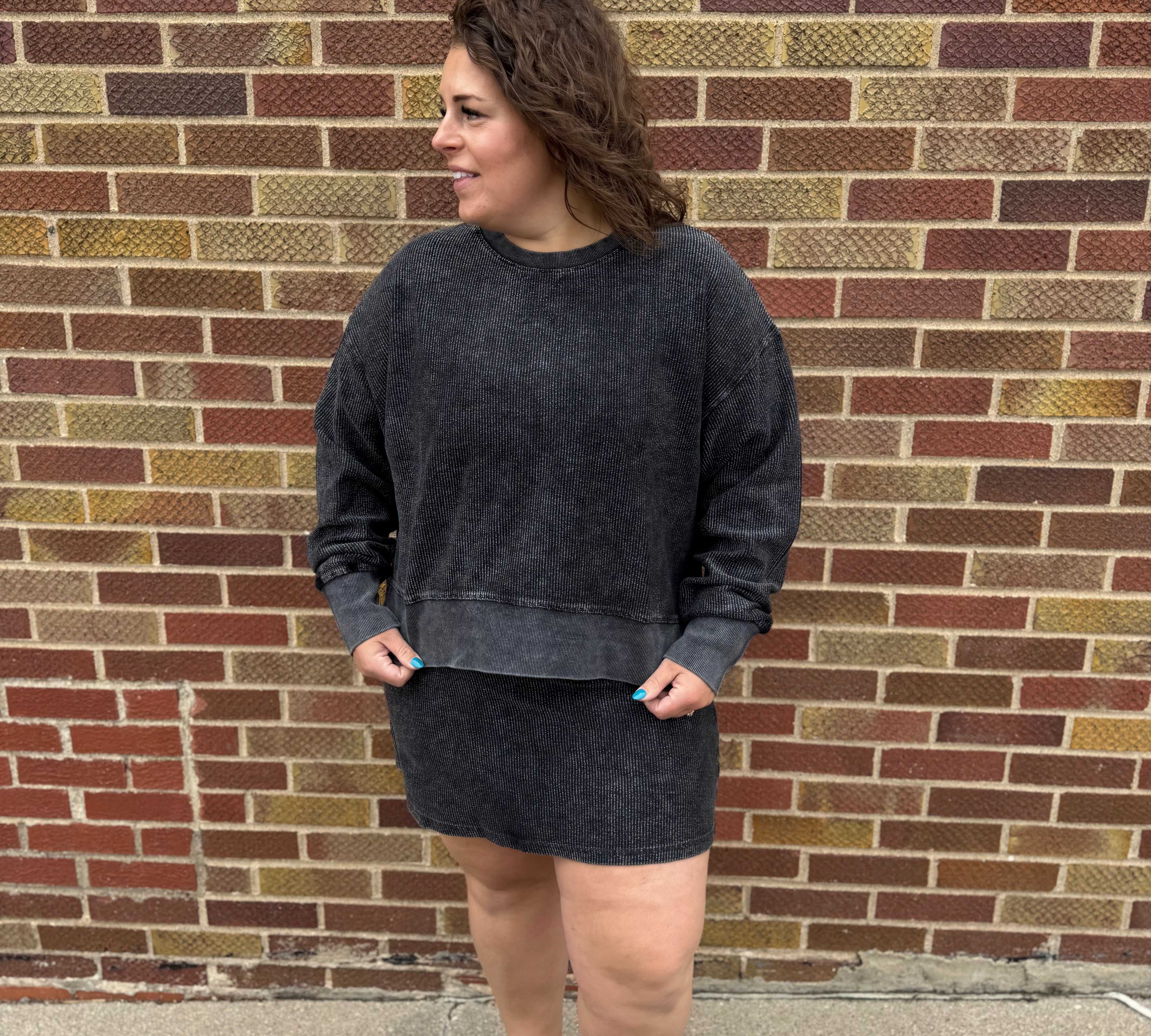 Luxe Corded Cropped w/Side Slit Crew