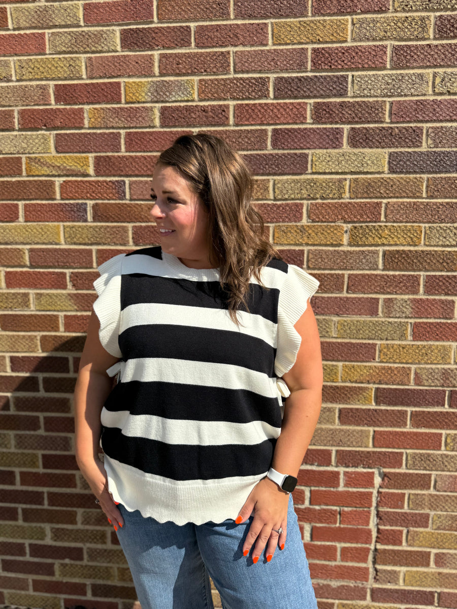 Plus Bold Stripe Sweater Top w/Ruffled Sleeve