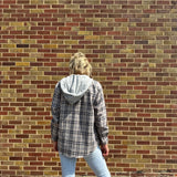 Navy Plaid Button Up Shirt w/ Hoodie & Front Pockets