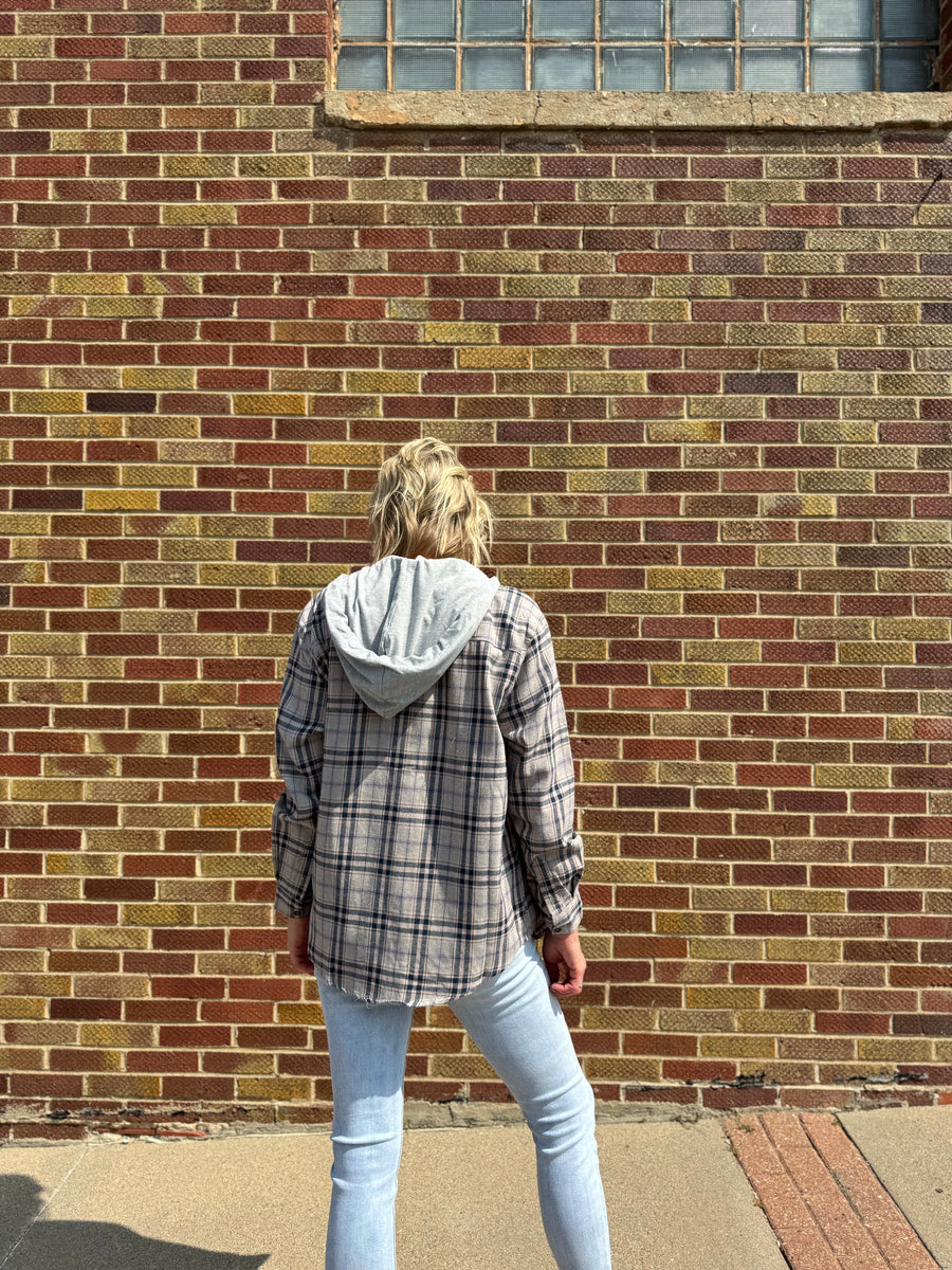 Navy Plaid Button Up Shirt w/ Hoodie & Front Pockets