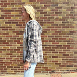Navy Plaid Button Up Shirt w/ Hoodie & Front Pockets