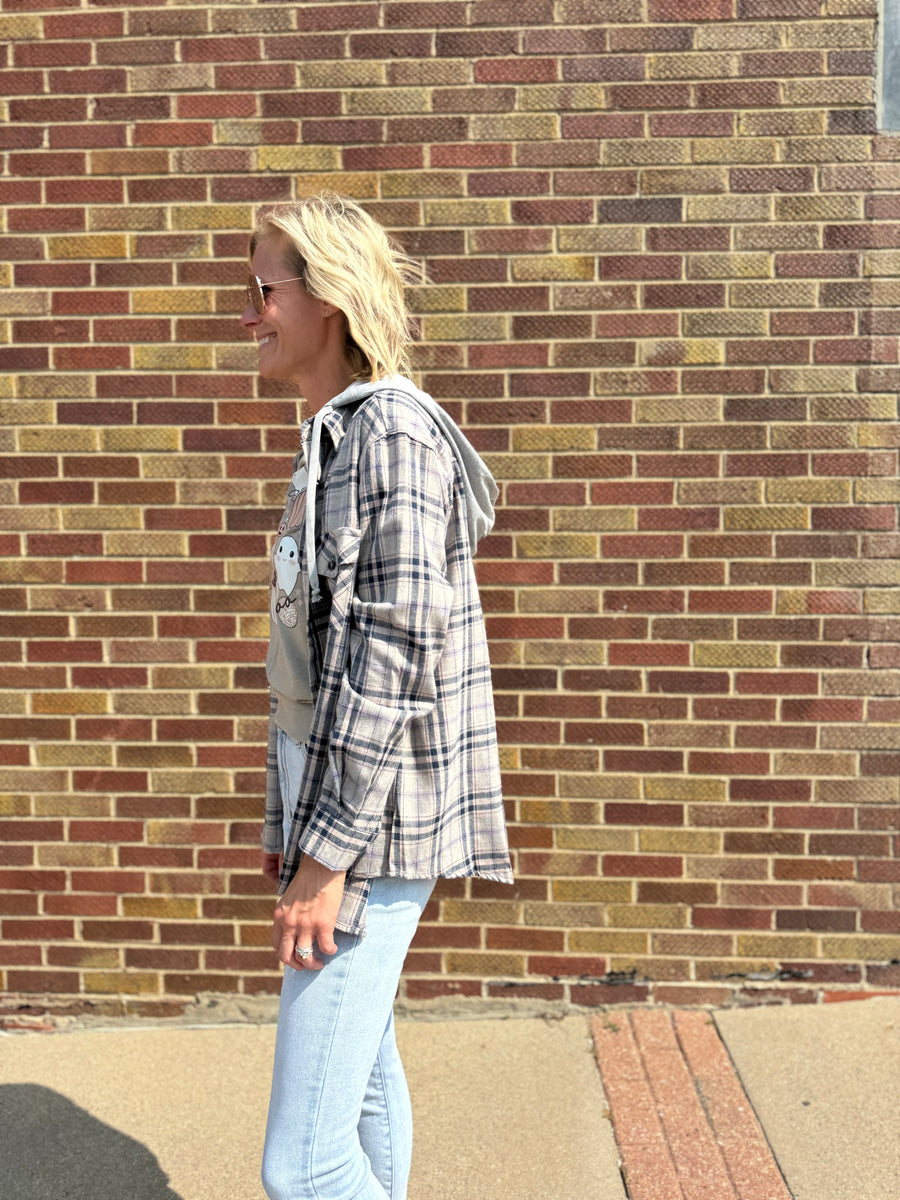 Navy Plaid Button Up Shirt w/ Hoodie & Front Pockets