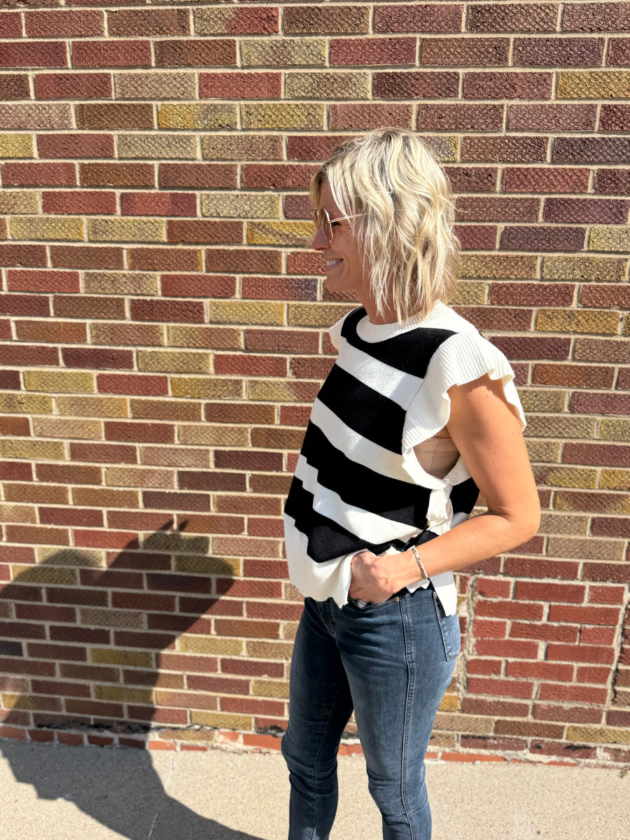 Bold Stripe Sweater Top w/Ruffled Sleeve