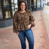 Plus Leopard Print Puff Sleeve Top w/Bow