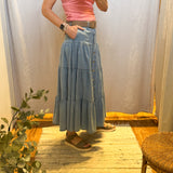 Denim Button Front Ruffle Hem Maxi Skirt
