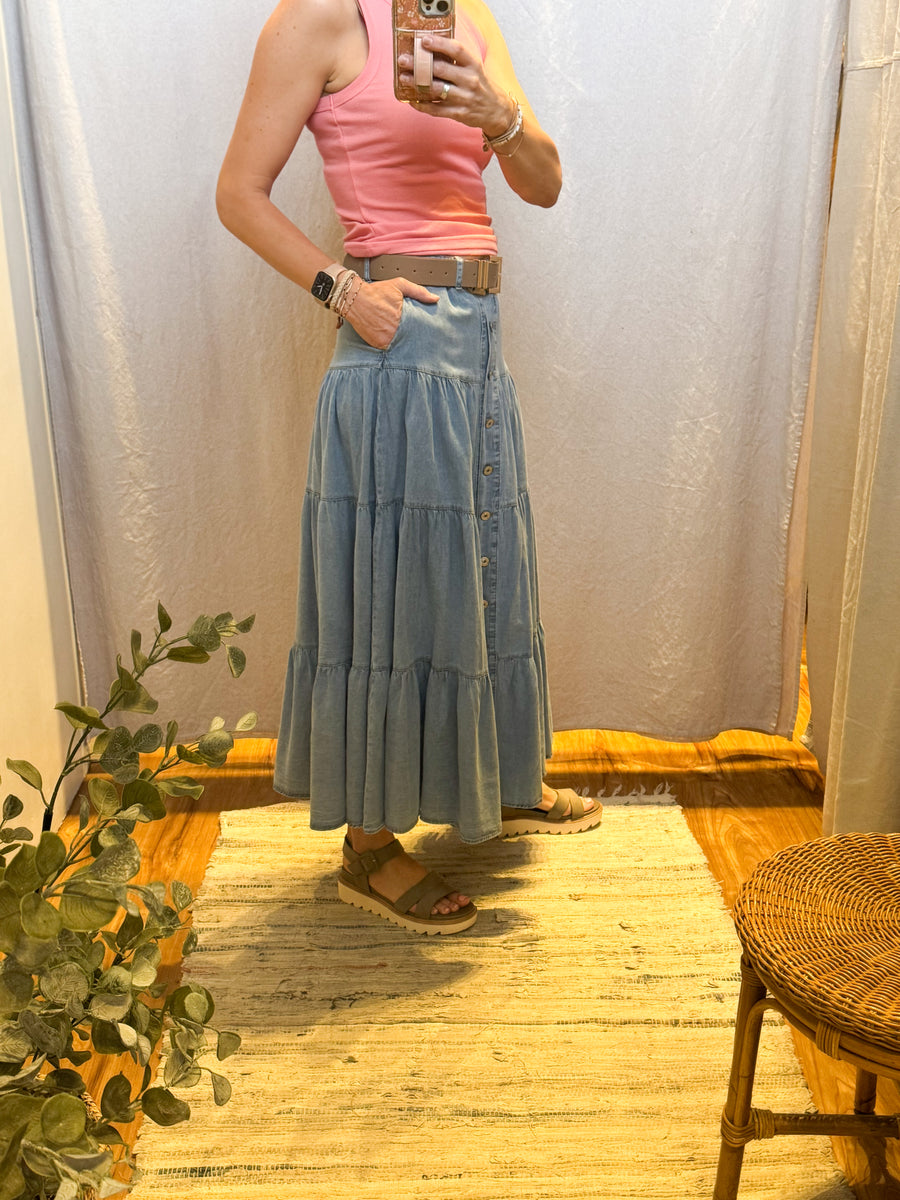 Denim Button Front Ruffle Hem Maxi Skirt