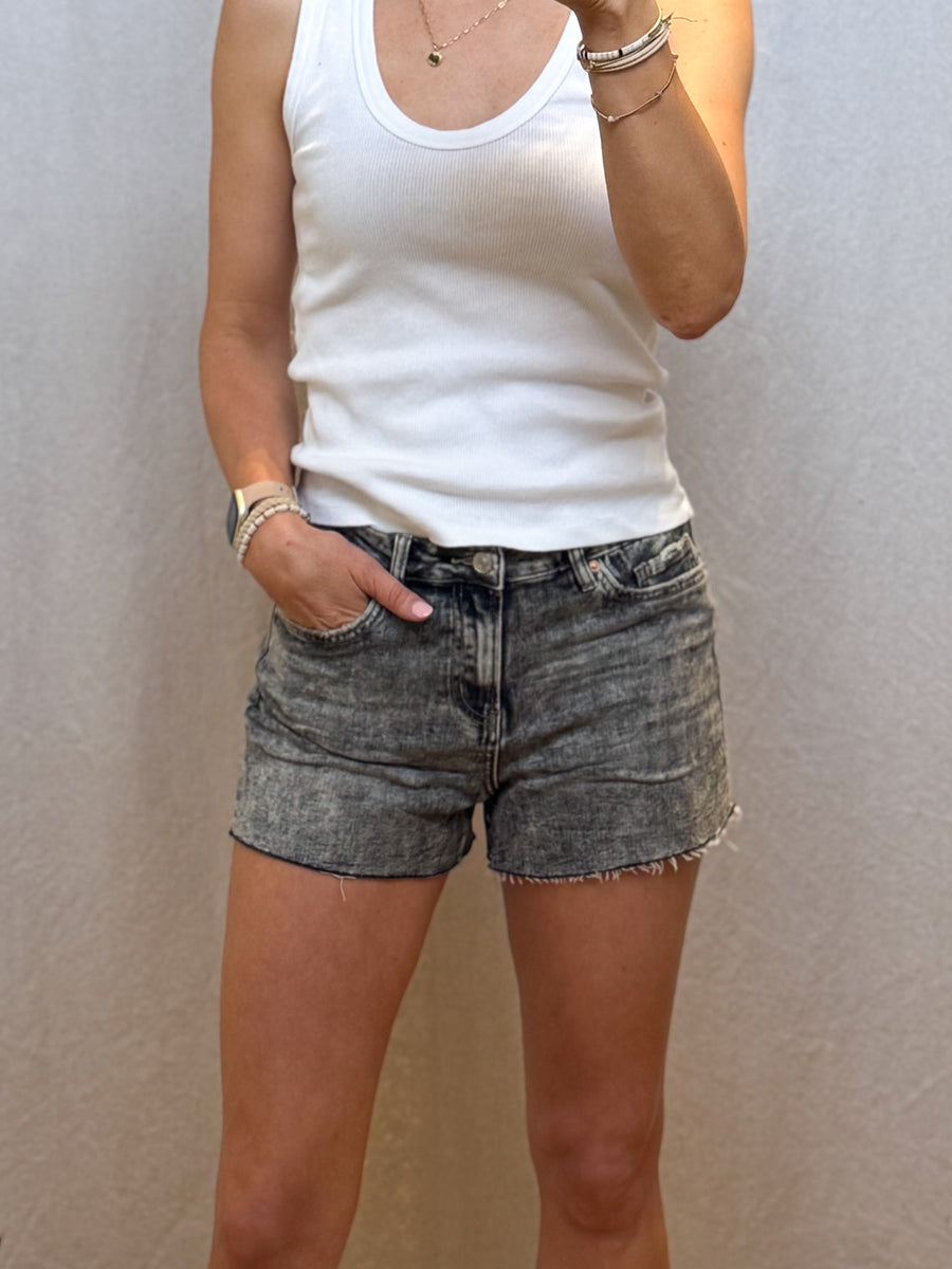 High Rise Distressed Mica Denim Shorts