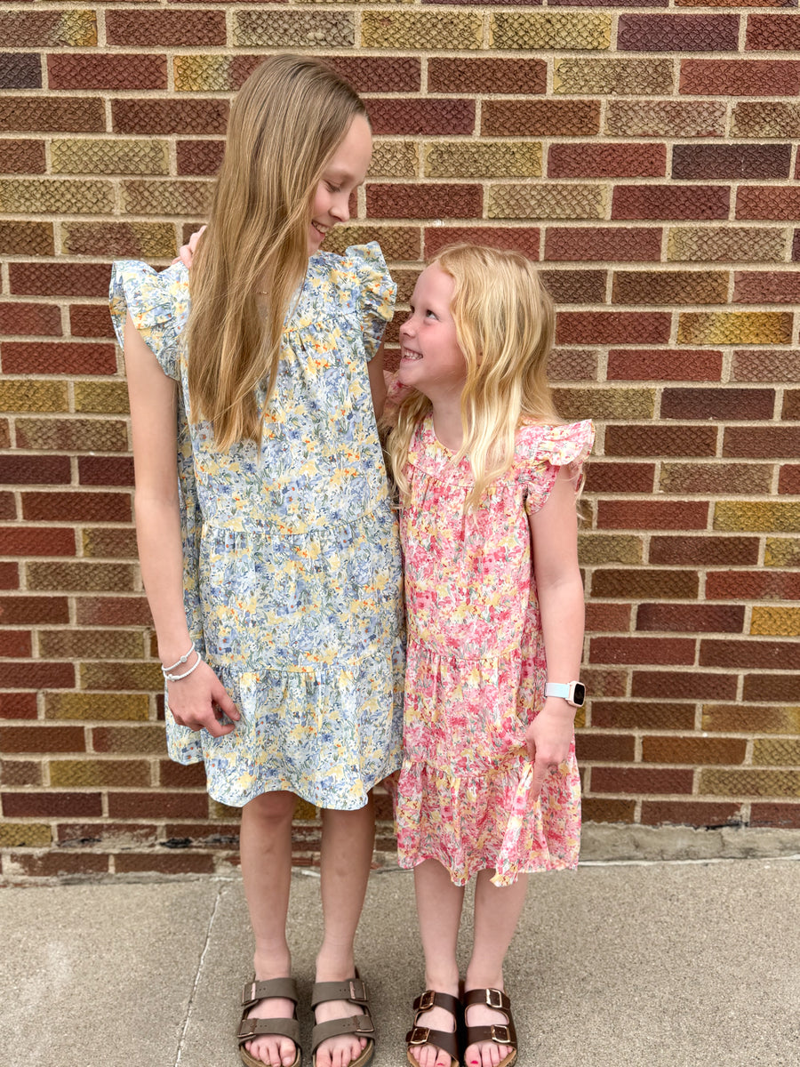 Girls Floral Ruffle Sleeve Tiered Dress