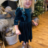 Teal Velvet Ruffle Dress