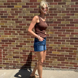 High Rise Clean Cut Raw Hem Vervet Denim Shorts