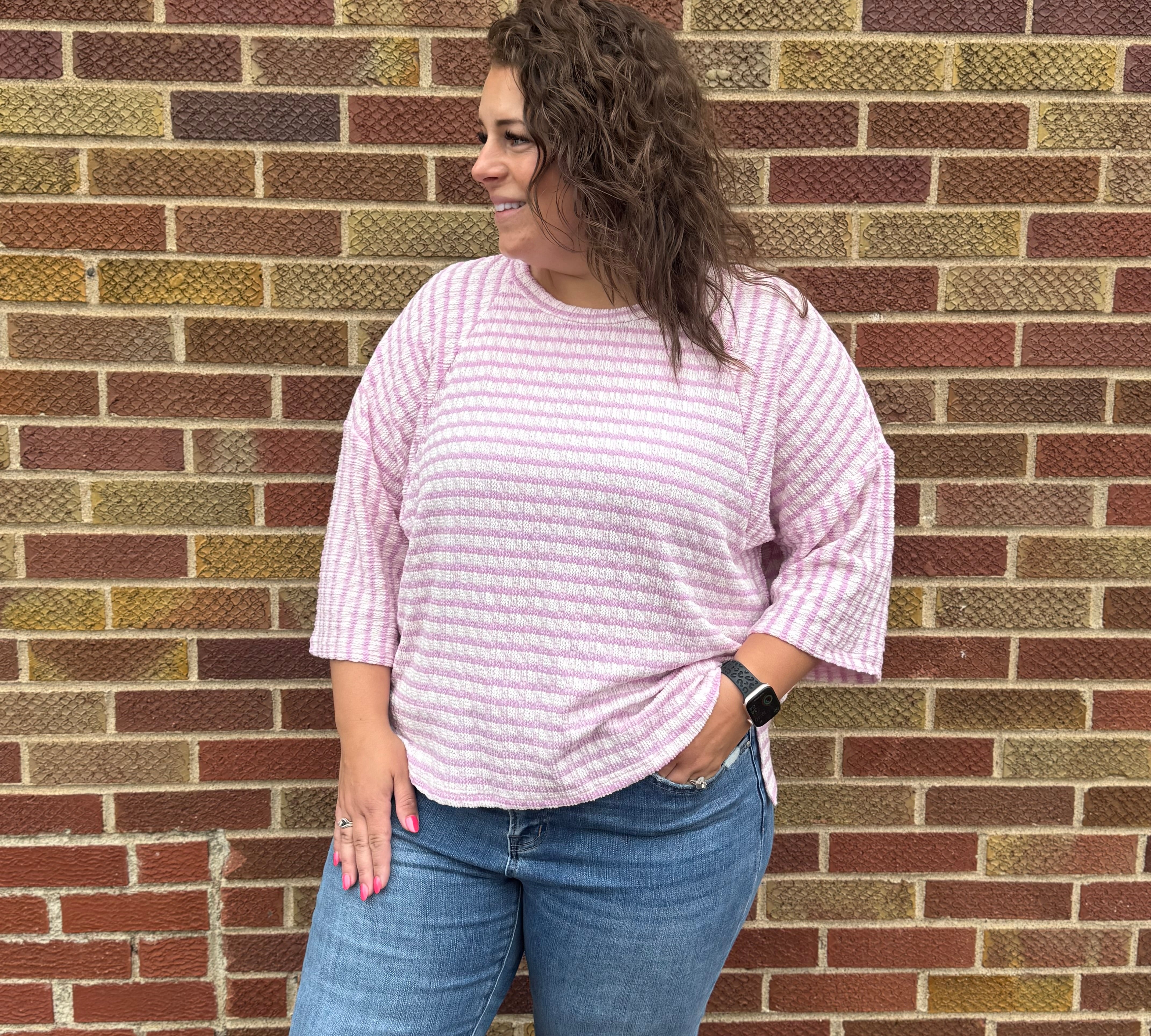 Textured Stripe Contrast Stitch Top