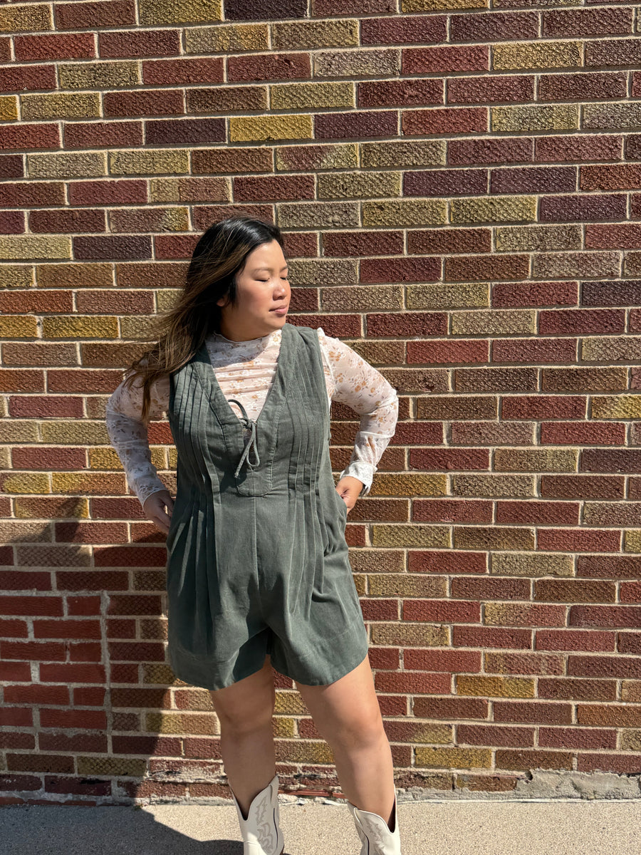 Olive Corduroy Pleated Romper