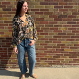 V Neck Black Floral Print Top