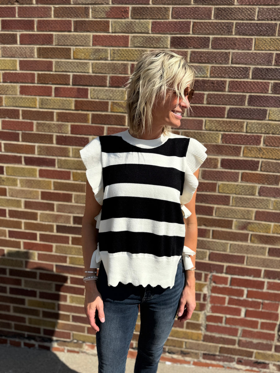 Bold Stripe Sweater Top w/Ruffled Sleeve