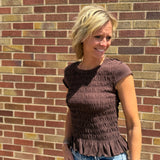 Cap Sleeve Ruffled Hem Top w/Ruched Detail
