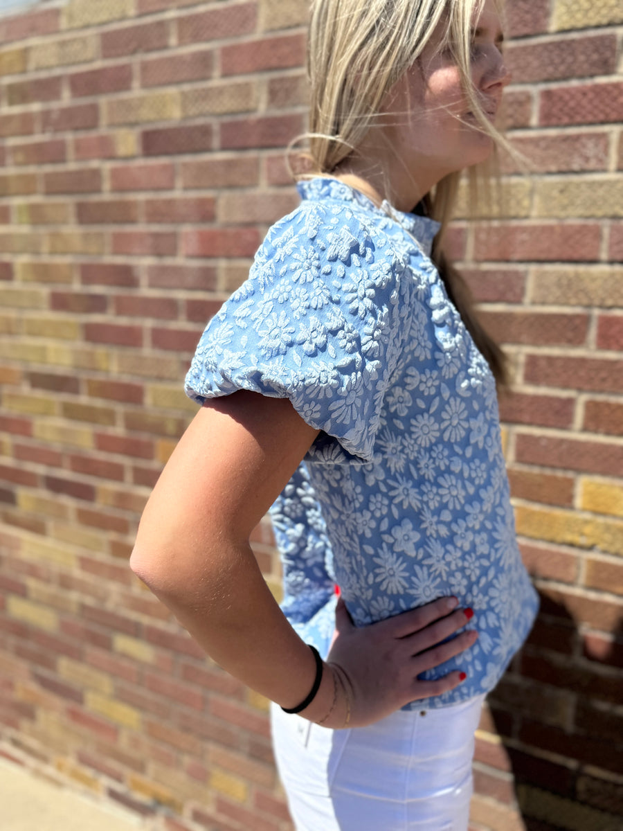 Floral Textured Balloon Sleeve Top