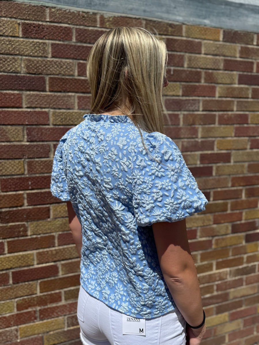 Floral Textured Balloon Sleeve Top