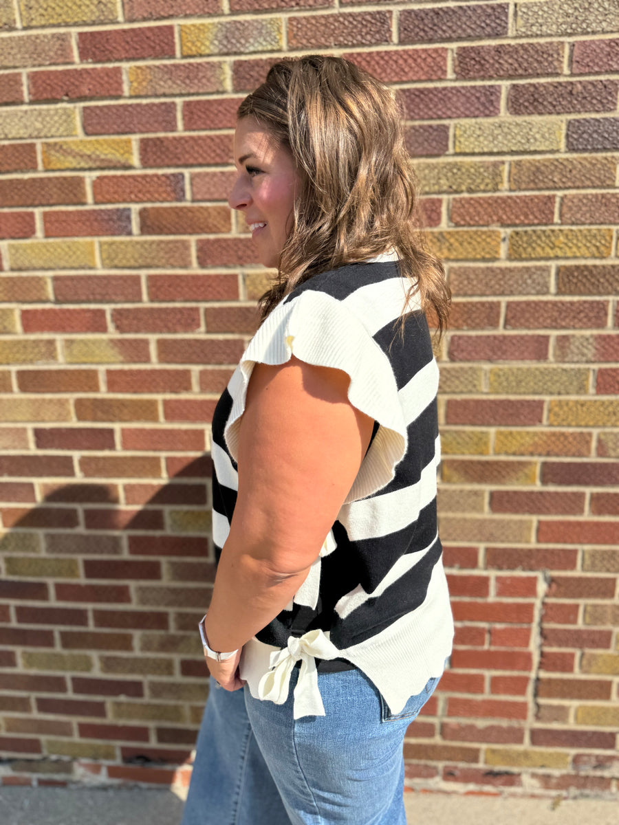Plus Bold Stripe Sweater Top w/Ruffled Sleeve