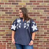 Plus Washed Suede Top w/Floral Applique