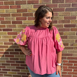 Plus Crinkled Top w/Embroidered Puff Sleeves