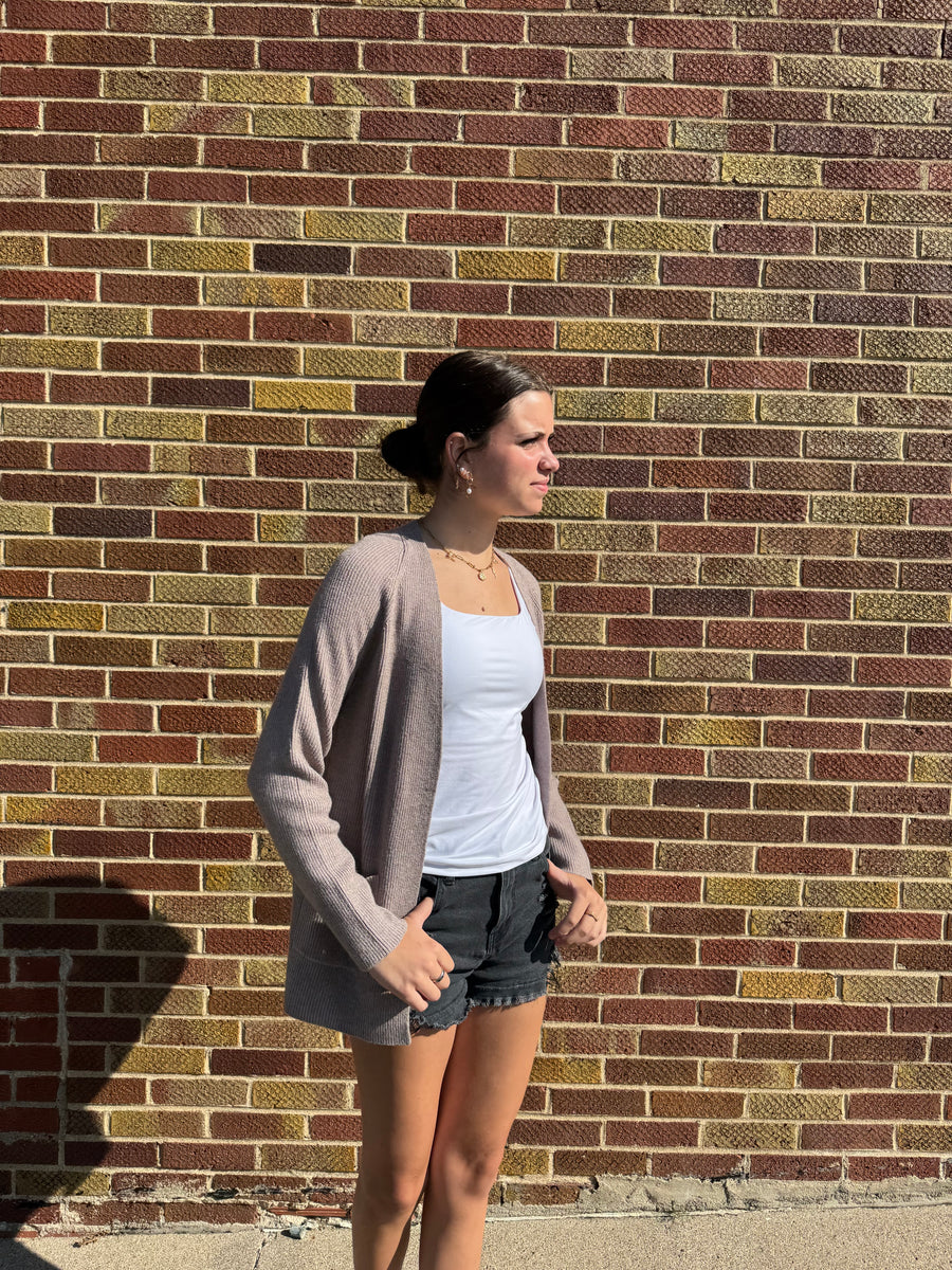 Ribbed Raglan Sleeve Cardigan w/ Pocket