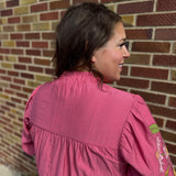 Plus Crinkled Top w/Embroidered Puff Sleeves