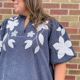 Plus Washed Suede Top w/Floral Applique