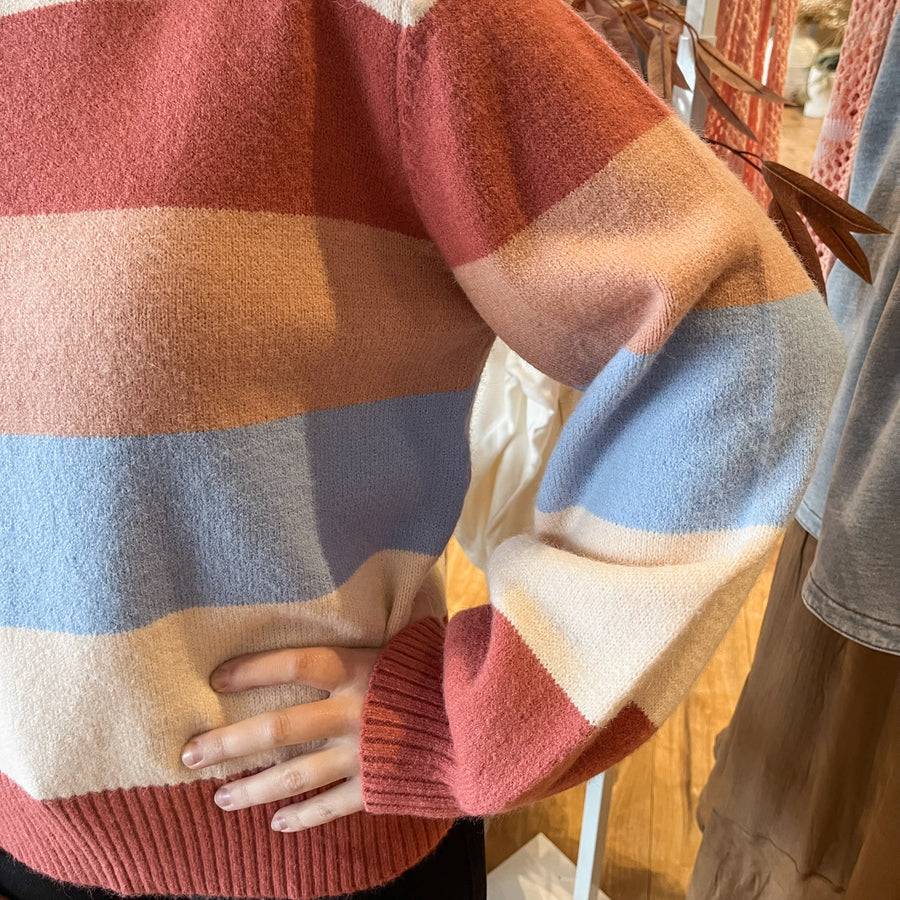 Multi Rust Striped  Relaxed Fit Sweater