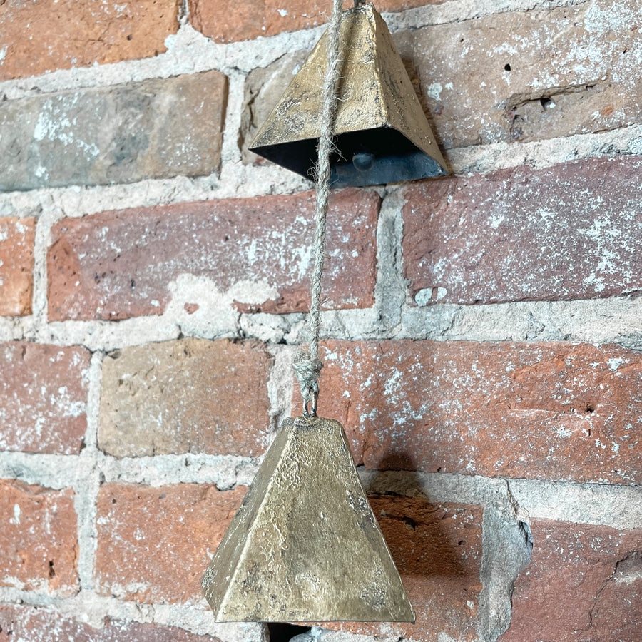 Antique Brass Pyramid Temple Bells & Jute Rope Swag 40”