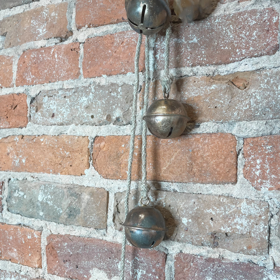 Four Antique Brass Sleigh Bell & Jute Rope Swag 25”