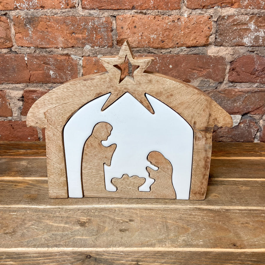 Wood Nativity w/White Enameled Cutout