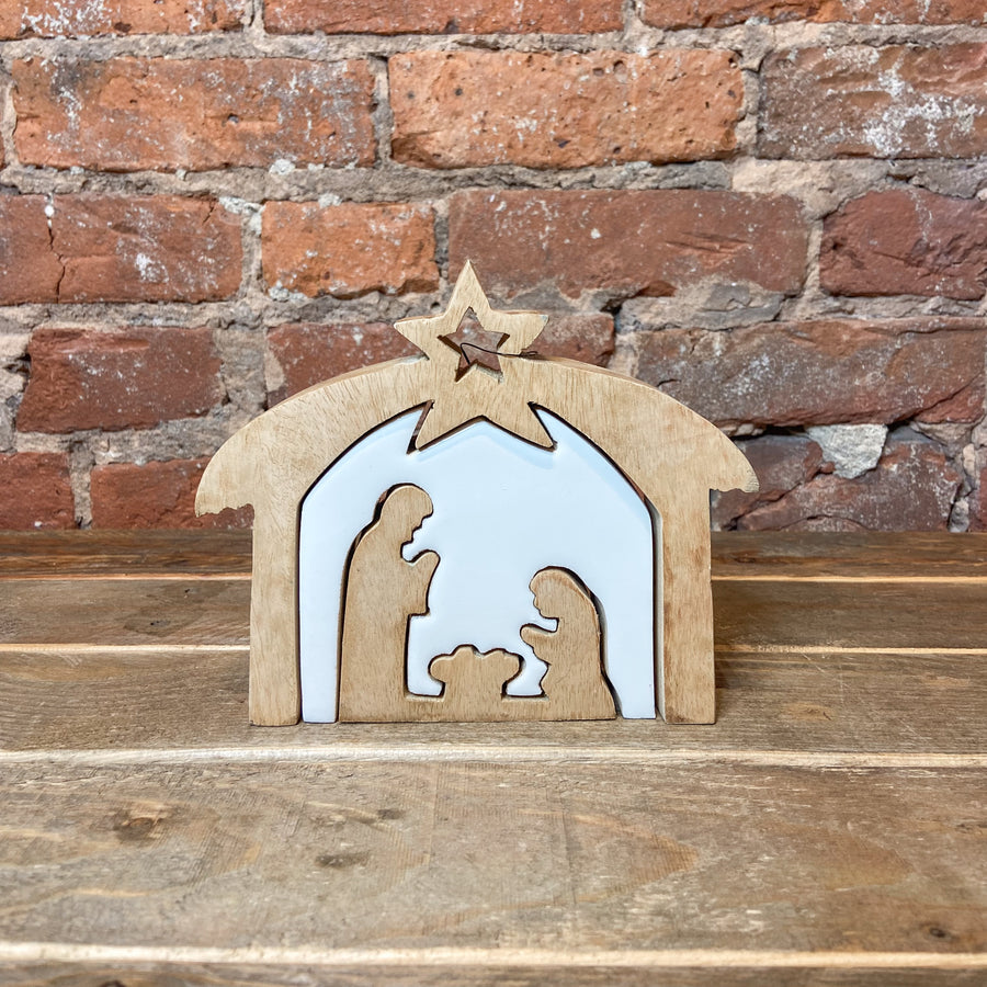 Wood Nativity w/White Enameled Cutout