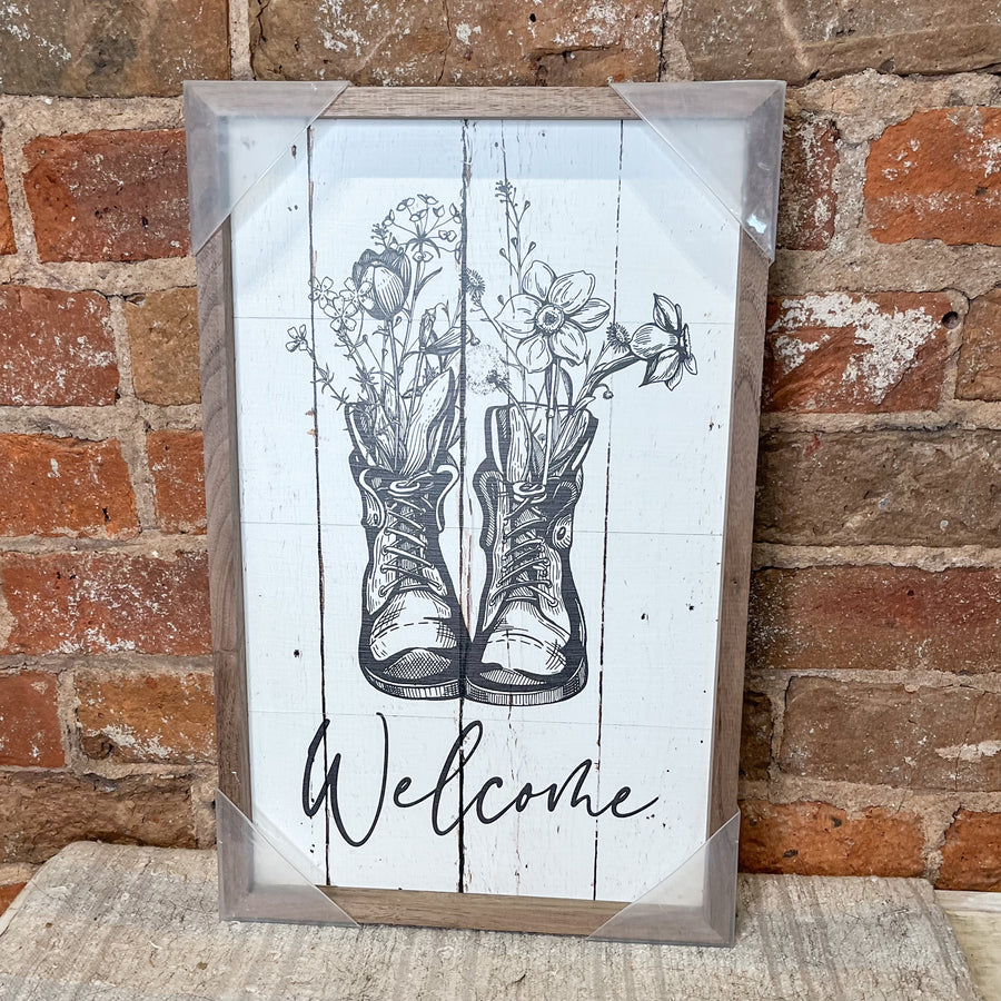 Welcome Floral Boots Sign 10x16"