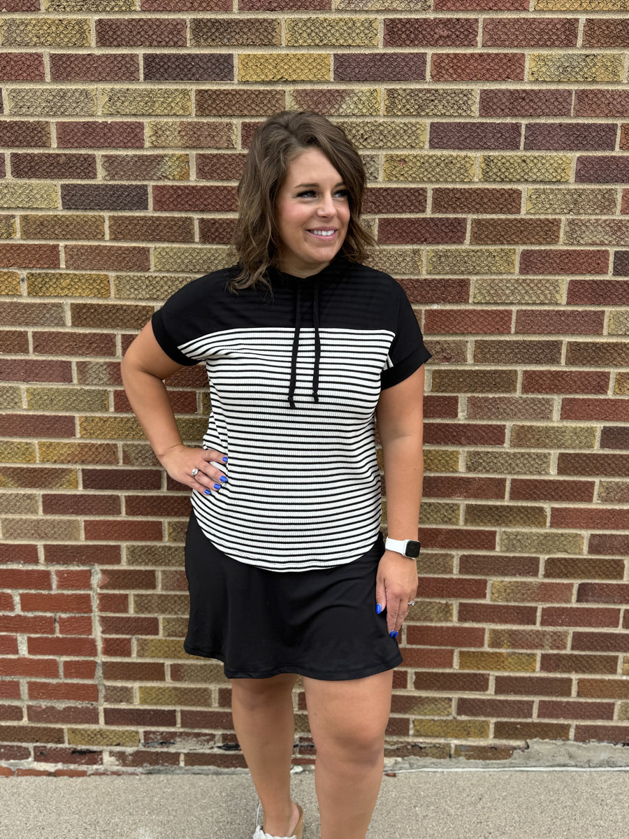 Color Block Striped Tee with Drawstring Neck