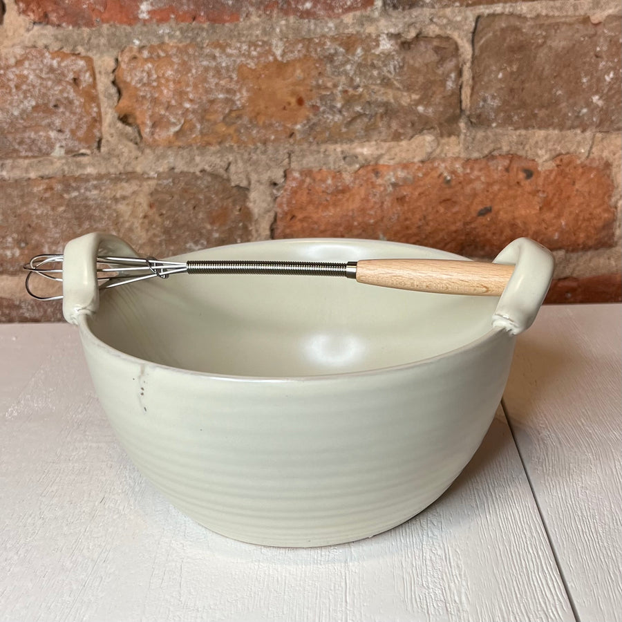 Set of 2 Stoneware Bowl, Wood & Metal Whisk