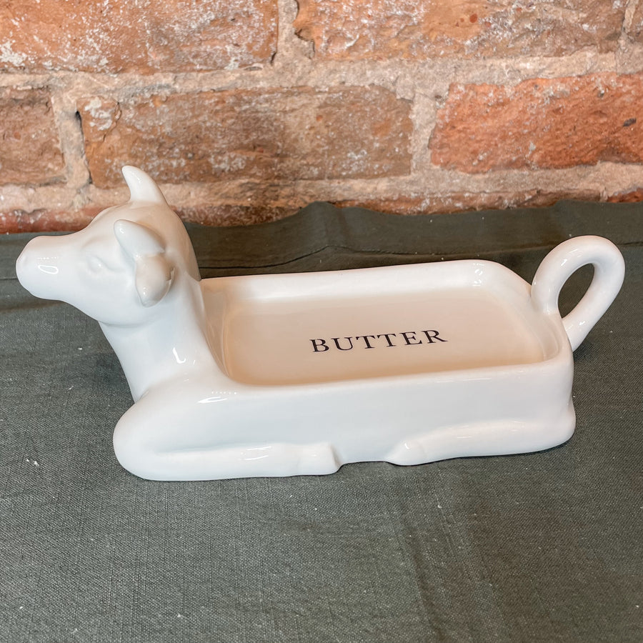 White Farmhouse Cow Butter Dish 4x10x3”