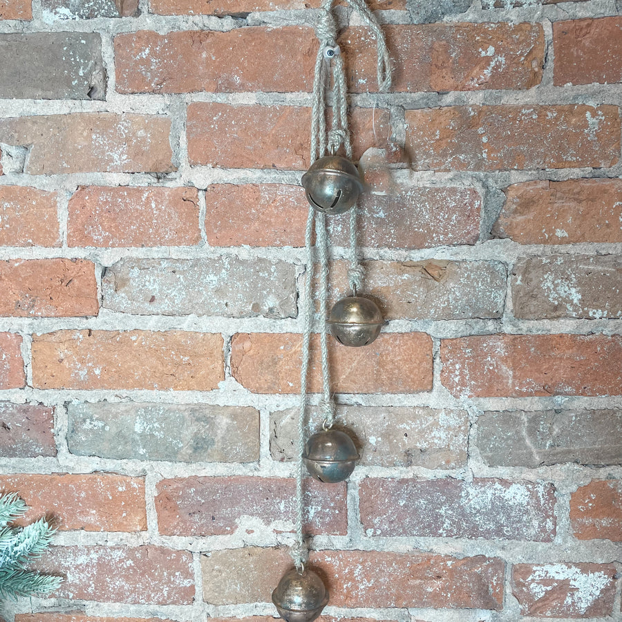 Four Antique Brass Sleigh Bell & Jute Rope Swag 25”