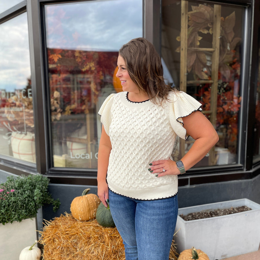 Cable Knit Top with Ruffle Sleeve