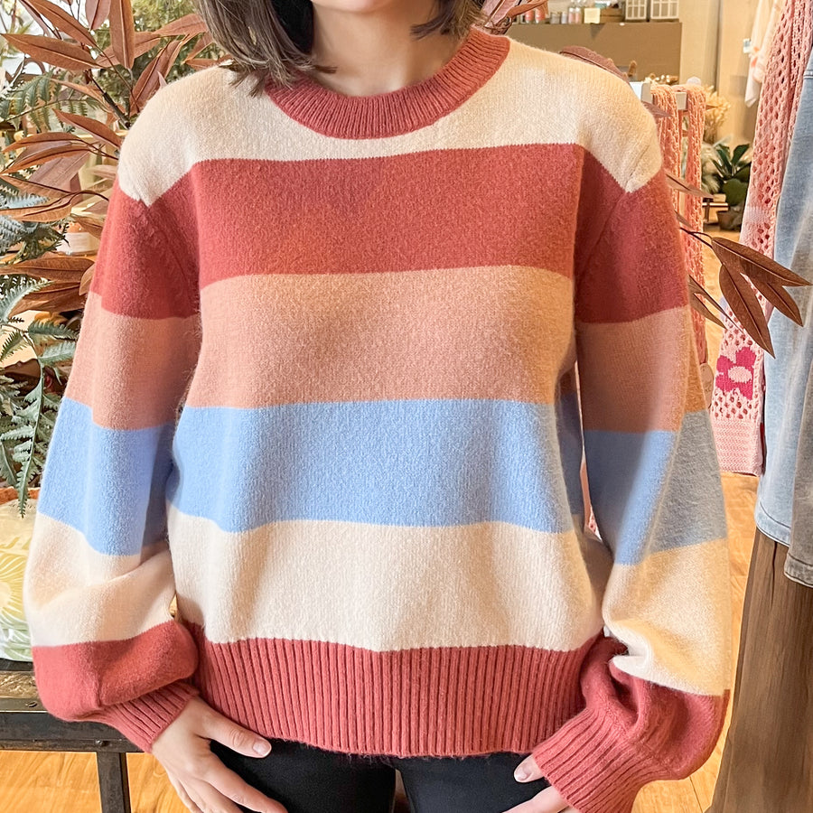 Multi Rust Striped  Relaxed Fit Sweater