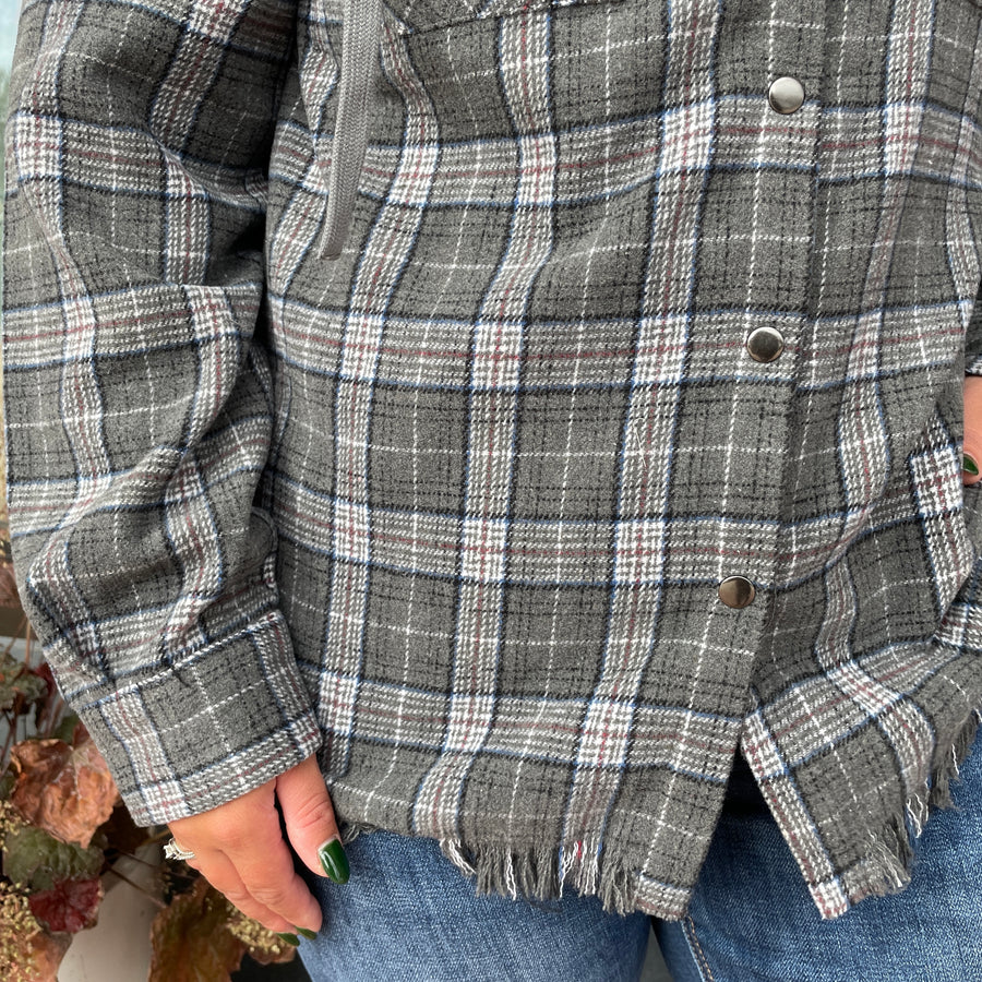 Frayed Hem Hooded Flannel Jacket