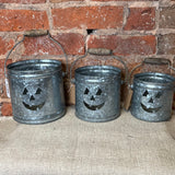 Gray Metal Cut Out Jack O Lantern Bucket w/ Wood Handle