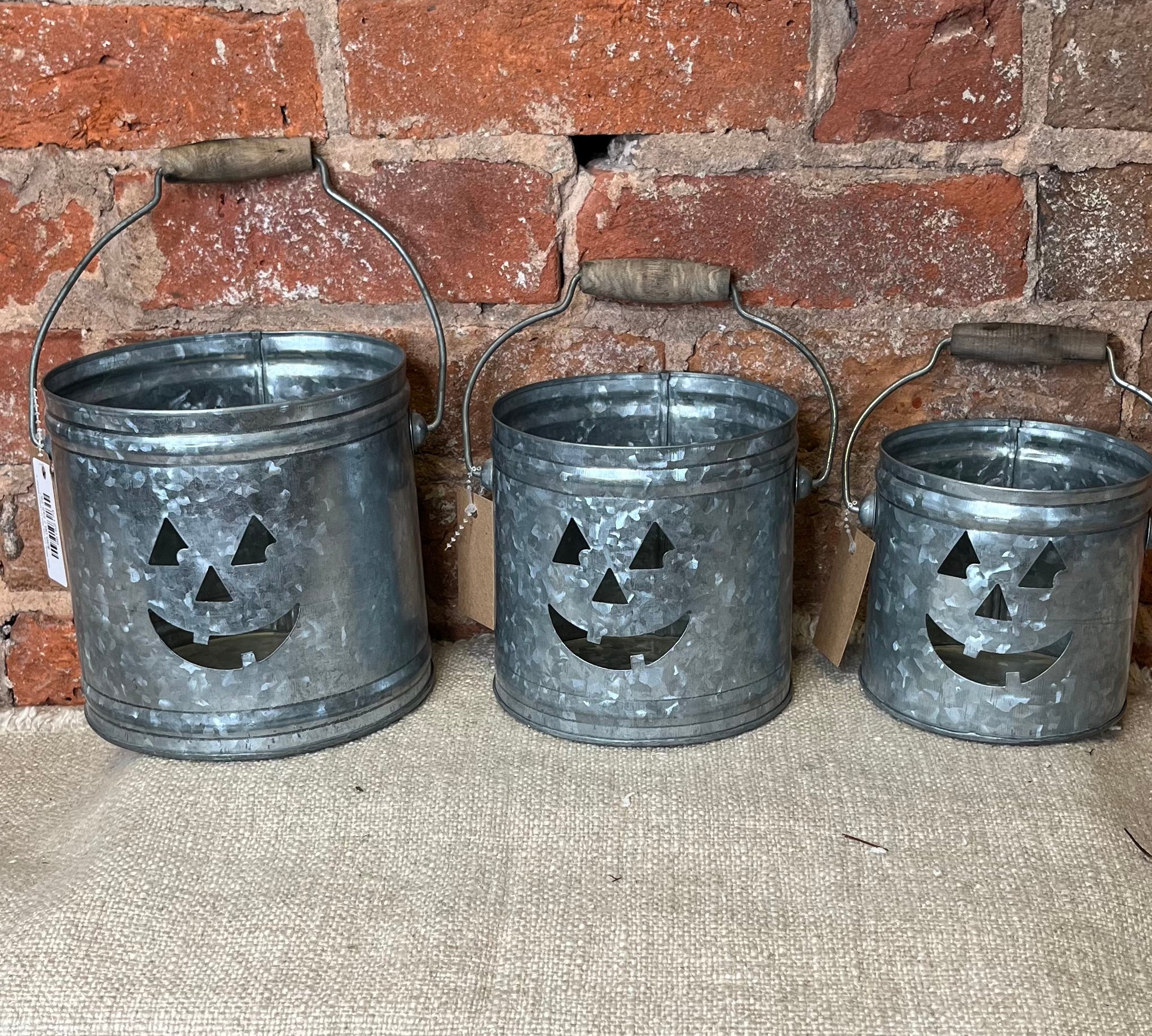 Gray Metal Cut Out Jack O Lantern Bucket w/ Wood Handle