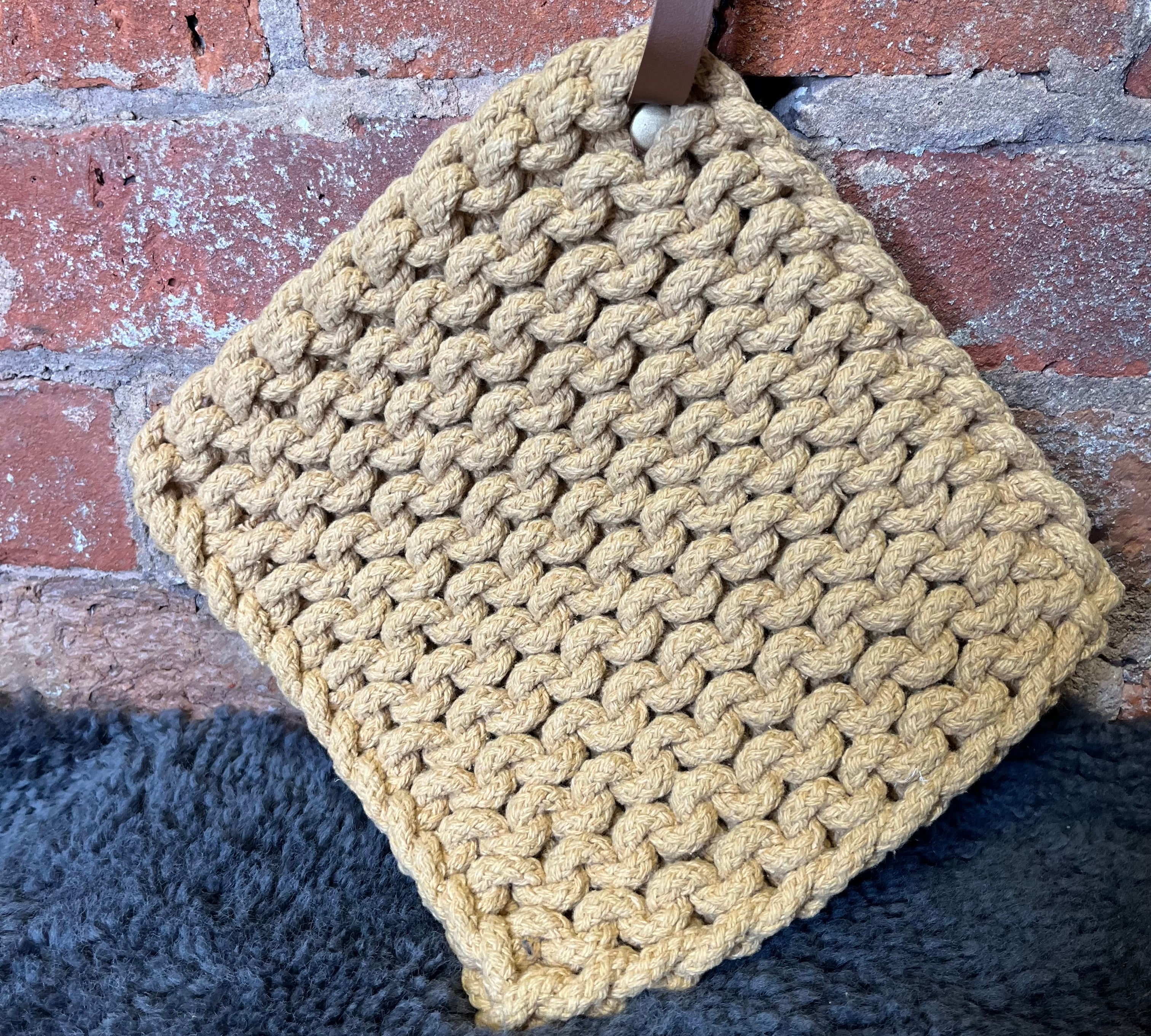 Square Cotton Pot Holder w/ Leather Loop 8”