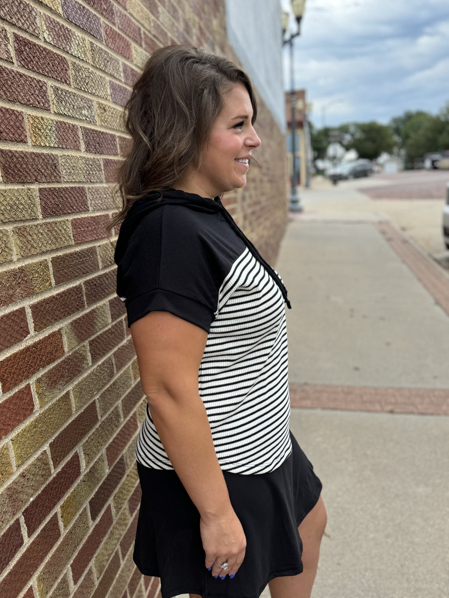 Color Block Striped Tee with Drawstring Neck