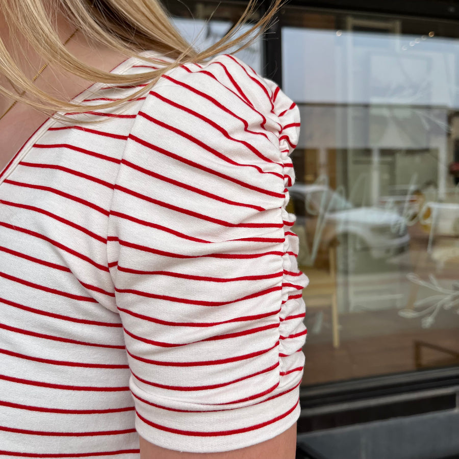 Cinched Sleeve Striped Tee