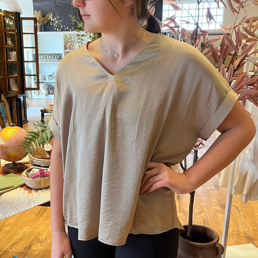 Solid V-Neck Rolled Sleeve Blouse