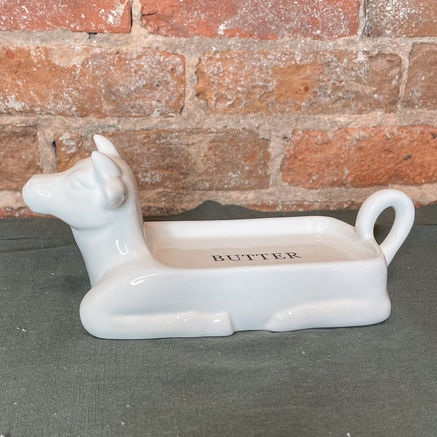 White Farmhouse Cow Butter Dish 4x10x3”