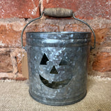 Gray Metal Cut Out Jack O Lantern Bucket w/ Wood Handle
