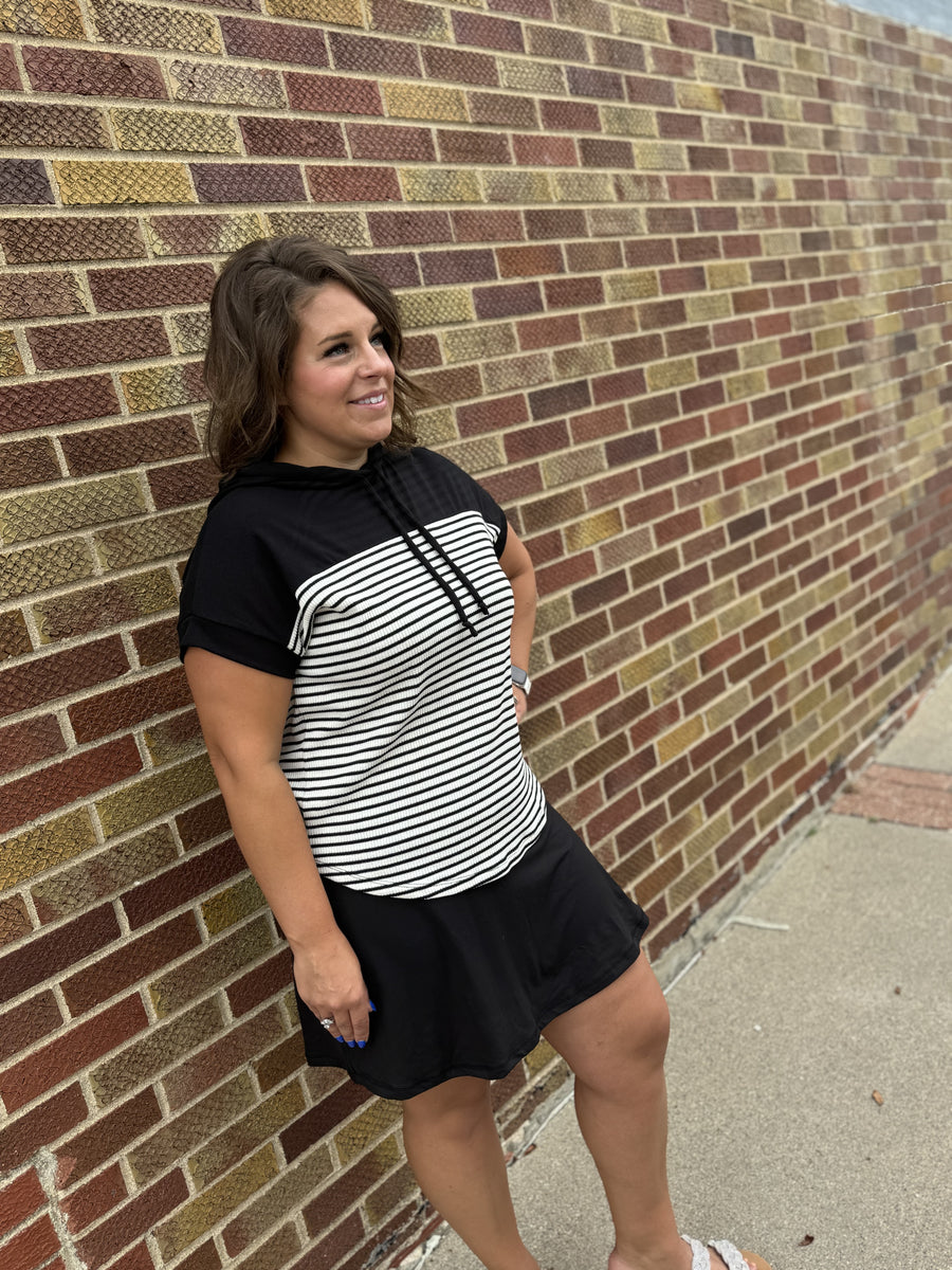 Color Block Striped Tee with Drawstring Neck